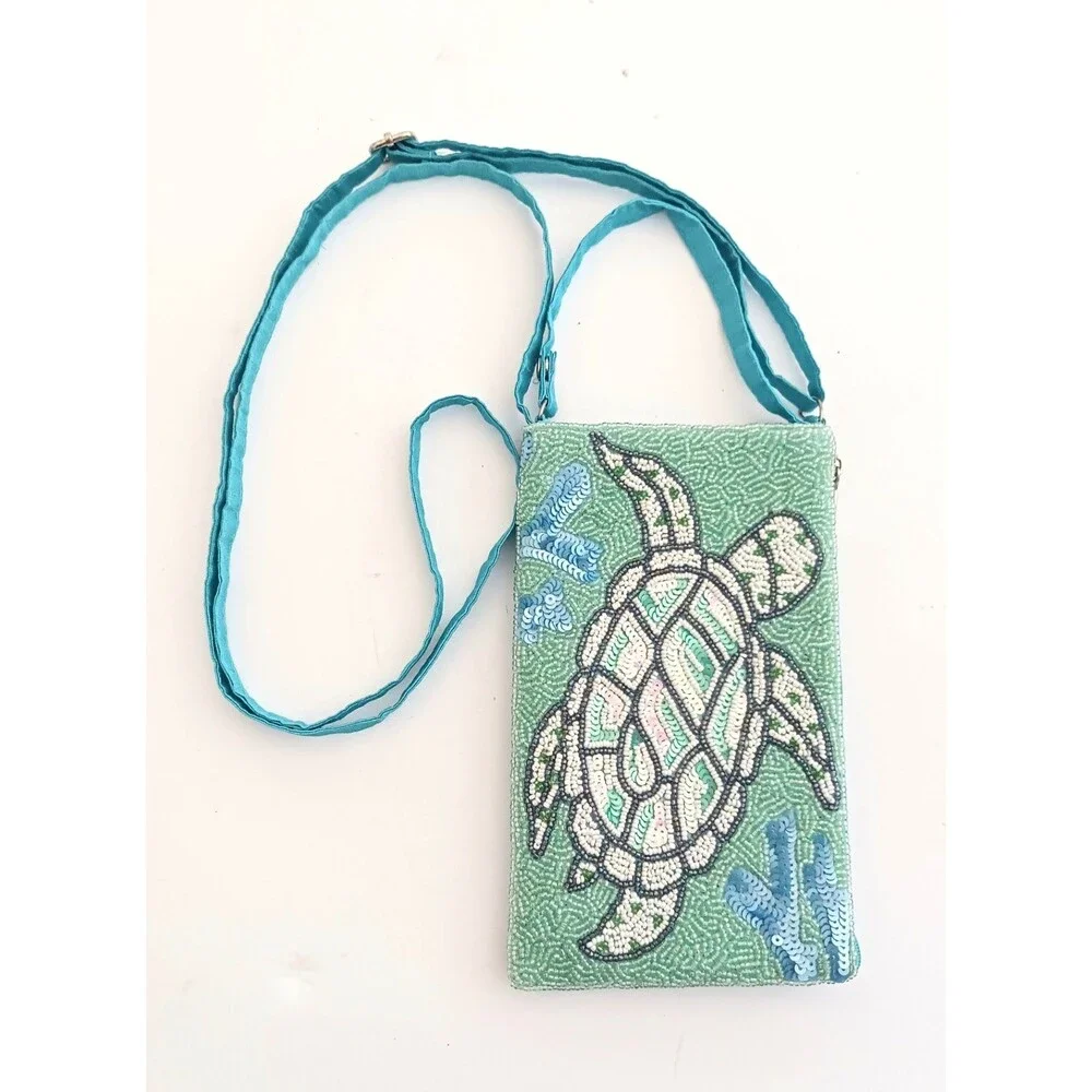 NEW Bamboo Trading Co Beaded Sea Turtle Club Bag Crossbody Cell Phone 8X5 - Picture 7 of 7